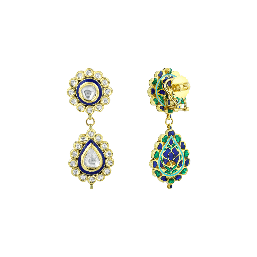 Polki Earrings with Blue Enamel and Drop